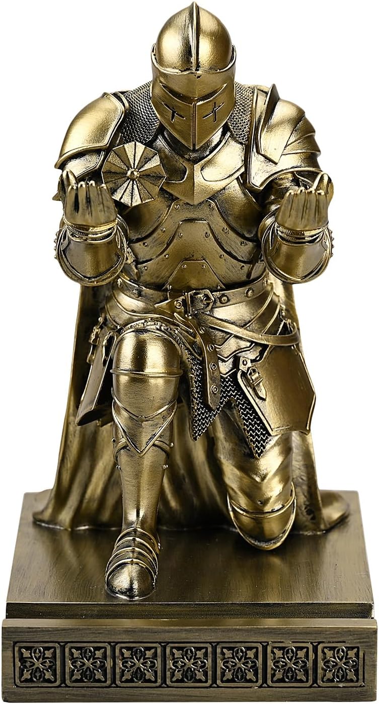 Medieval Armored Warrior Wearing Outerwear, Mobile Phone Stand Knight Pen Holder Desk Organizers, Resin Bookends Paperweight with a Letter Opener for Desk (Bronze)