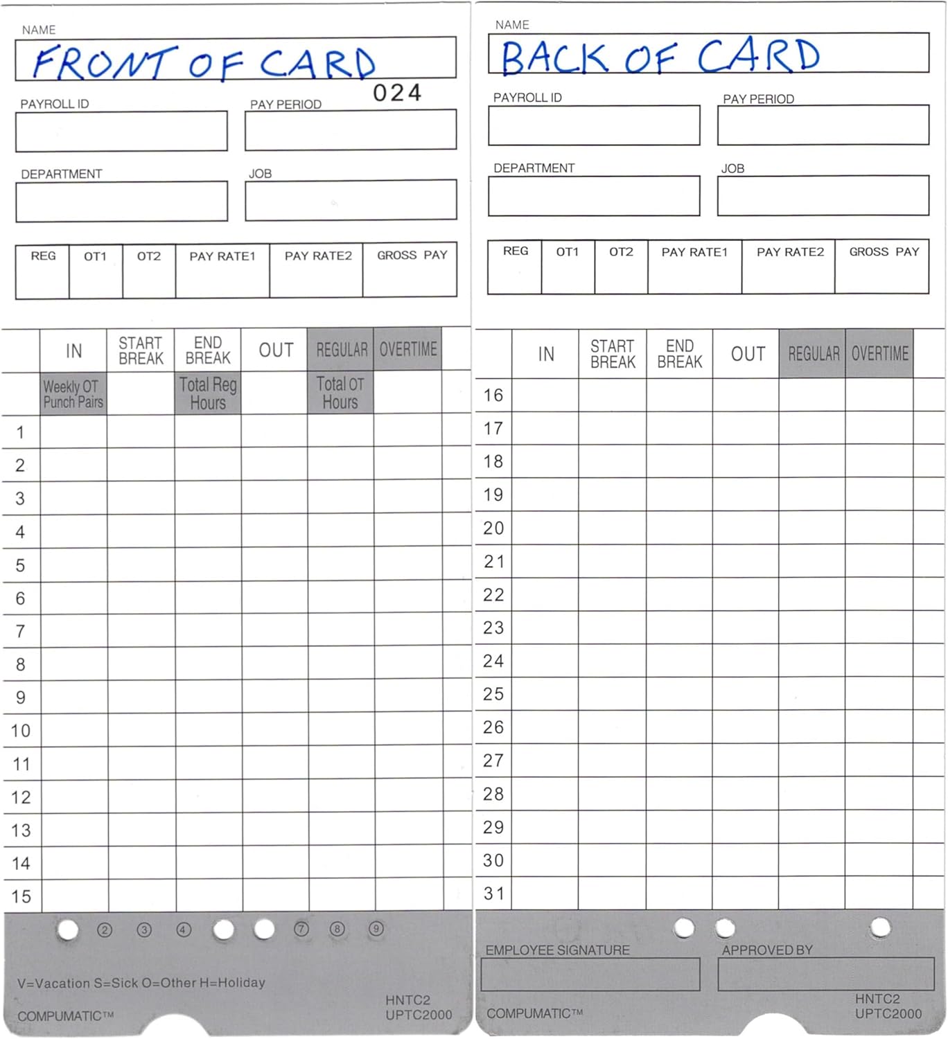 300 Time Cards for uPunch HN2000, HN2500, HN4000, HN4500 AutoAlign Calculating Time Clock and More HNTC2 UPTC2000 COMPUMATIC Compatible