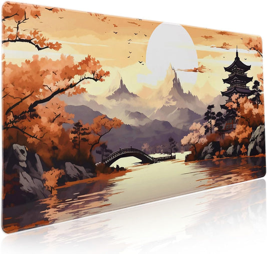 Orange Japanese Sakura Gaming Mouse Pad XXL Yellow Cherry Blossom Mountain Aesthetic Large Desk Mat Big Mousepad Non-Slip Rubber Base Stitched Edge Long Mousepad for Desktop Office, 35.4 x 15.7 in