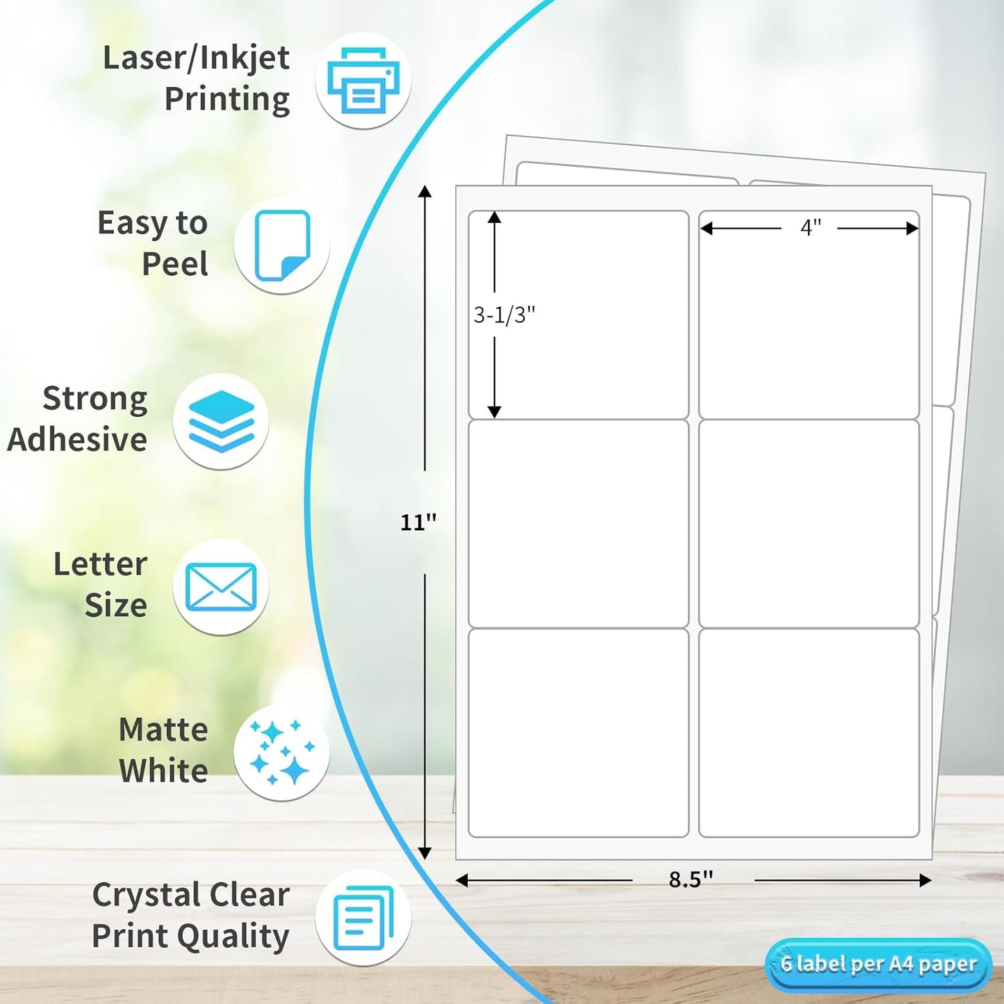 FungLam Printable Sticker Paper, 3-1/3" x 4" Shipping Address Labels 3000 Blank Mailing Labels for Laser & Inkjet Printers, 6 per Page Label Stickers, 500 Sheets