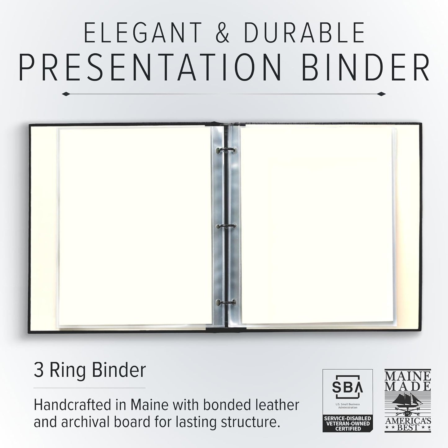 Gallery Leather 3 Ring Binder with Plastic Sleeves, Includes 10 Sheets, Sheet Size: 8.5" x 11" - Presentation Binder Rings with Hubbed Spine, Thick: 1.25" Freeport Slate