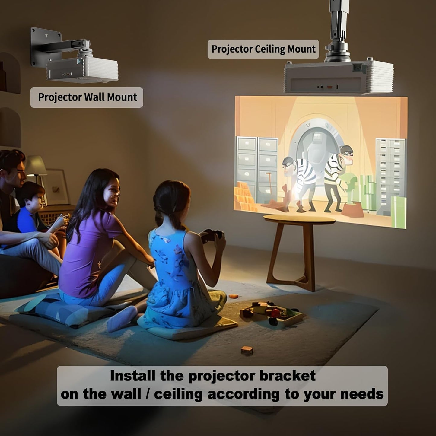 Projector Stand - Single Hole Hanging Height Adjustable Wall Ceiling Mount, Universal Mount with Retractable Arms - Aluminum Alloy Material, Load 33 lbs - Black