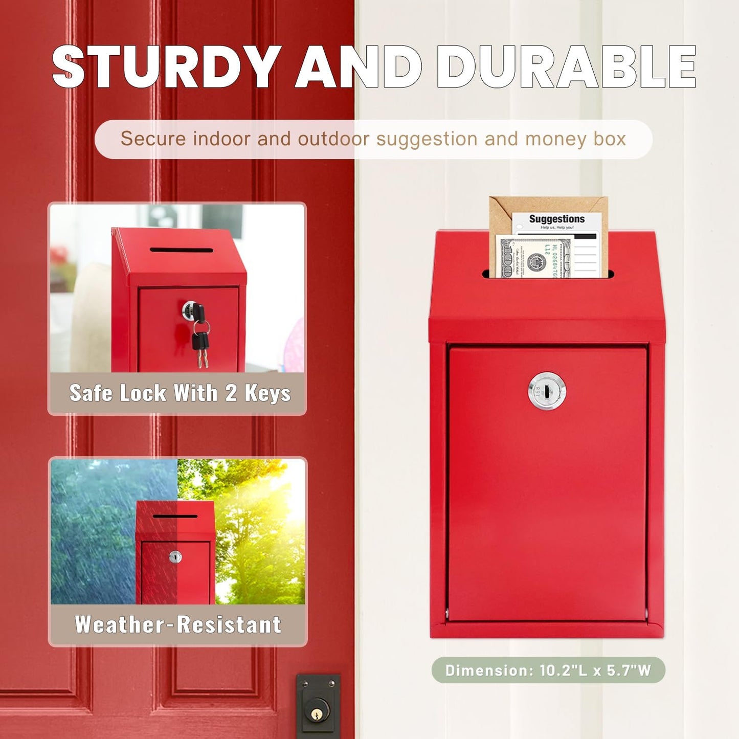 Metal Donation Money Cash Drop Box with Lock and Slot Suggestion Box Wall Mounted Ballot Container Mailbox Delivery for Home Office (Red, 10.24″ x 5.71″ x 2.95″)