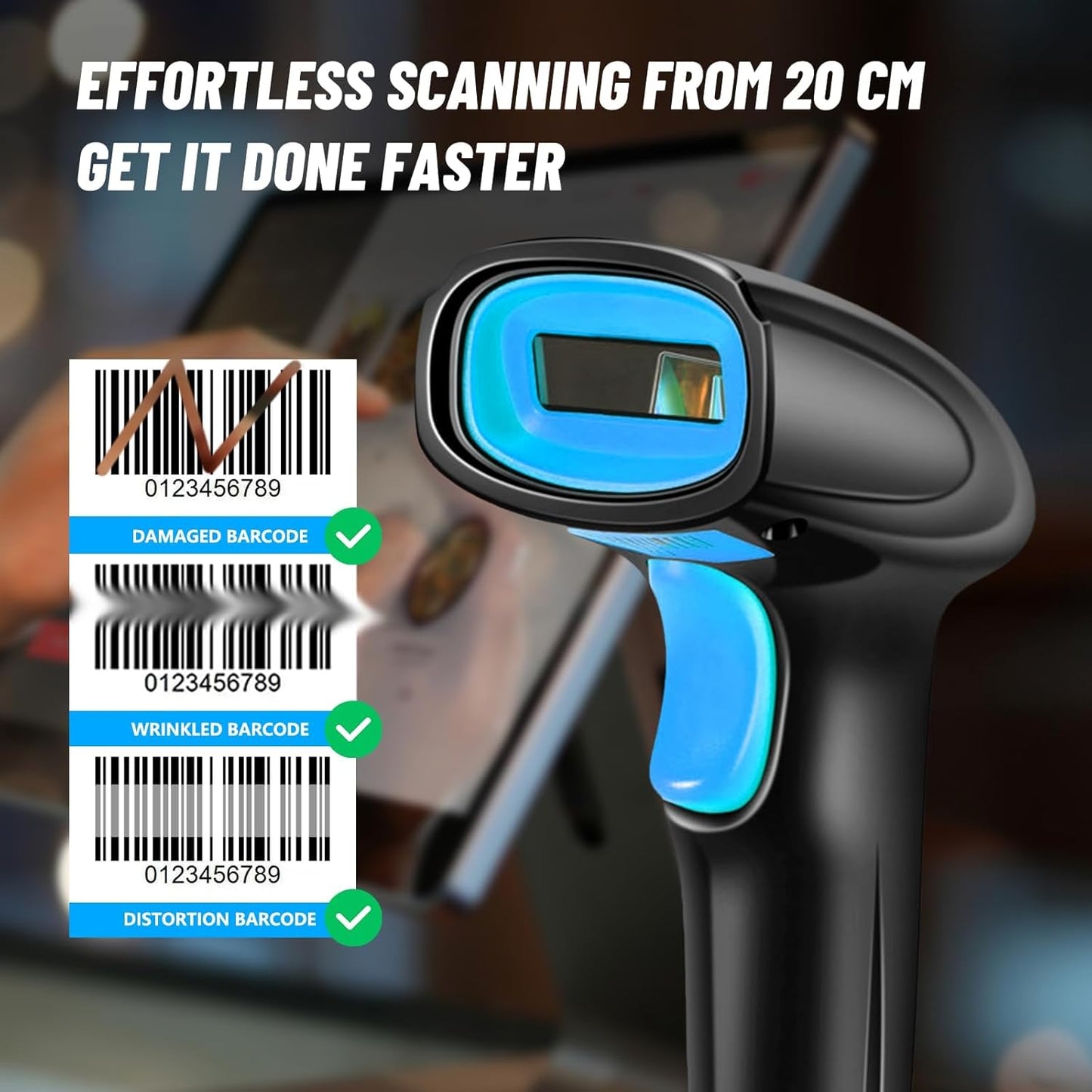 1D Handheld Barcode Scanner – Wireless Range Up to 328ft, Perfect for Retail, Warehouse, and Office Use