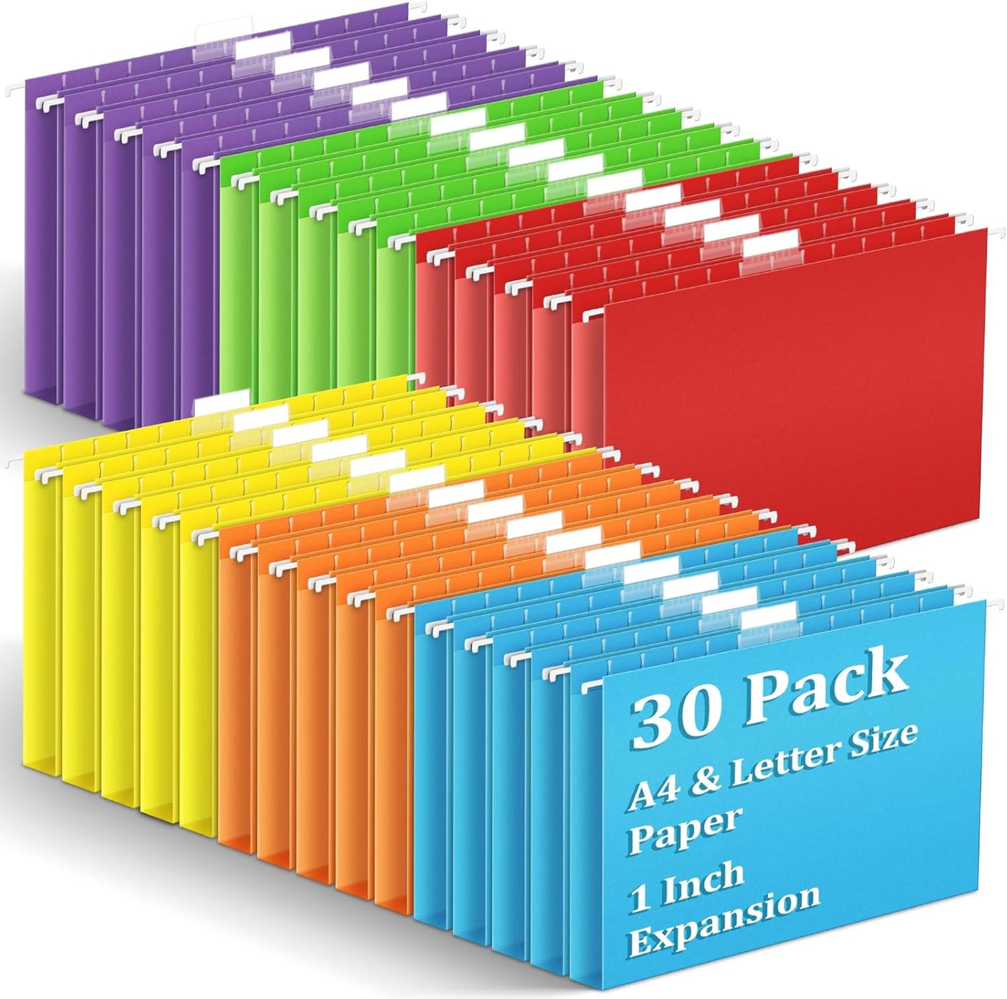 30 Pack Hanging File Folders Letter Size, Assorted Hanging Folders with 1/5-Cut Adjustable Tab, 1 Inch Expansion, Extra Capacity Hanging File Folders, Perfect Office, Home, Classroom Supplies