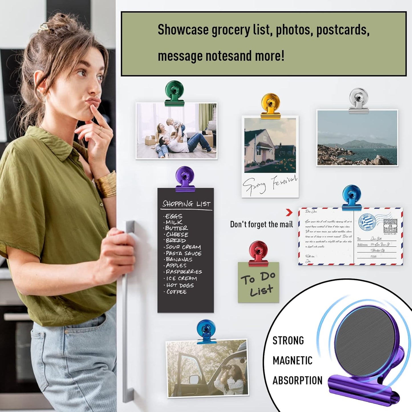 FINDMAG 12 Pack Magnetic Clips for Photo Display and Picture Hanging, Strong Fridge Magnets, Scratch-Free Heavy Duty Magnet Clips for Whiteboard, Kitchen, Office, School, Purple, 30mm Wide.