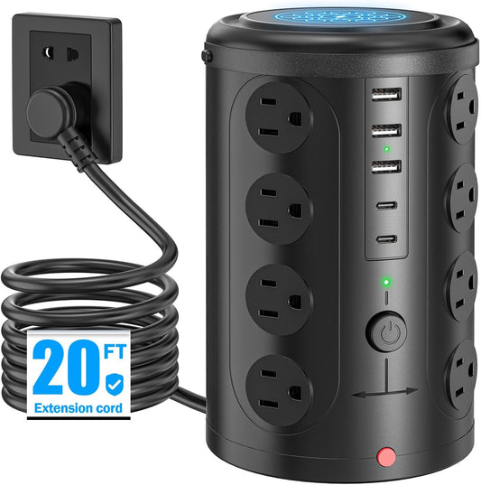 Power Strip Tower Surge Protector with 16 Outlets and 5 USB Ports (2 USB-C), 20FT Extension Cord with Multiple Outlets,Heavy Duty Charging Station,Home Office Dorm Room Essentials.No Wireless Charging
