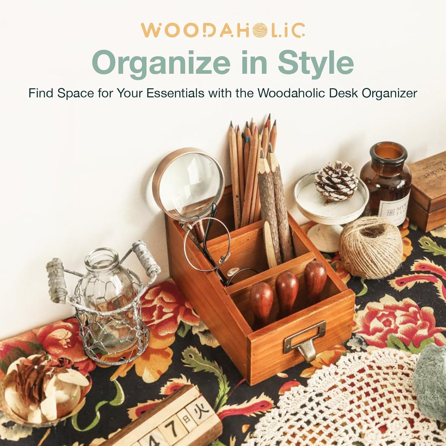 3-Slot Wooden Desk Organizer - Card Catalog Drawer Style Storage Box for Stationery & Office Supplies - Remote Caddy, Phone Stand, or Pencil Holder for Desk - Cubicle Accessories (4-Pack)