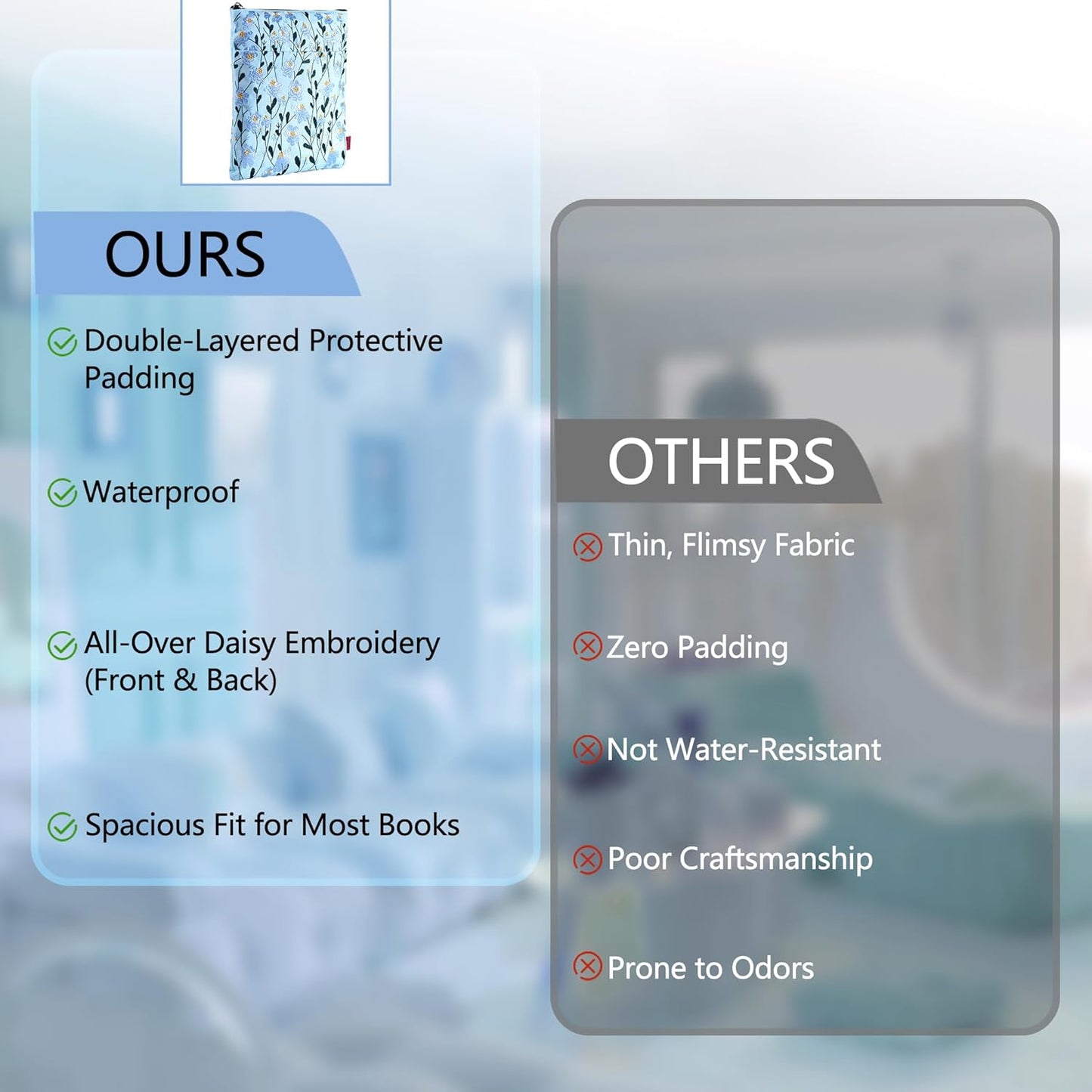 LParkin Daisy Flower Embroidery Book Sleeve with Zipper for Readers Protector Cover Gift for Book Lovers, 11x 8.5 Inch Washable Fabric, Daisy Blue