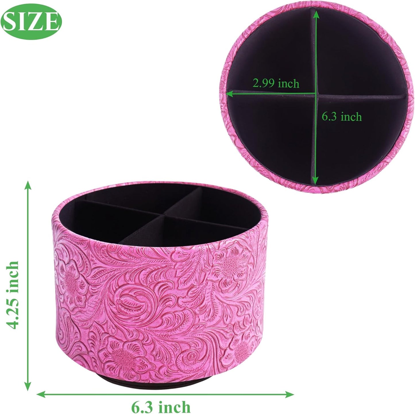 lizimandu Round Leather Art Supply Organizer,Remote Control Holder,360 Degree Spinning,Multi-Functional Pencil Holder,4 Compartments Desktop Stationary Organizer(1-Carved Red2)