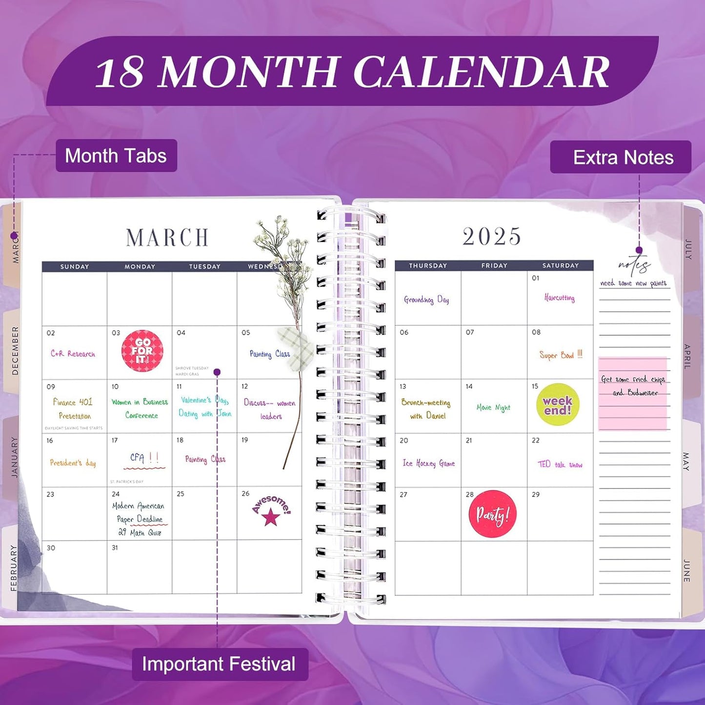 Planner 2025-2026, 18 Months Large Academic Daily Weekly Monthly Planner Organizer, July. 2025 - Dec. 2026, 8.5x9.8" Agenda with Page Tabs, Separator Page, Pocket Folder, Bookmark, Stickers & Sticky Note Set