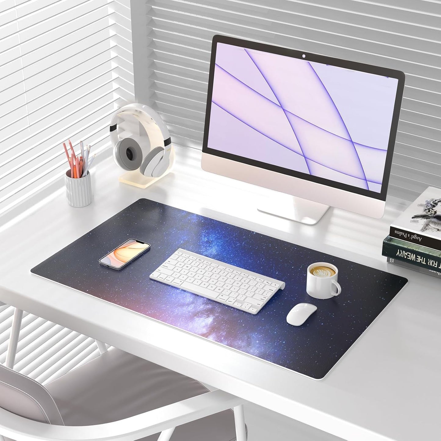 QIYI Large Desk Pad, Milky Way Mouse Pad Desktop Decor, Waterproof PU Leather Desk Cover Protector, Desk Accessories for Office Home Work Writing Gaming 31.5" x 15.7" - Blue Galaxy