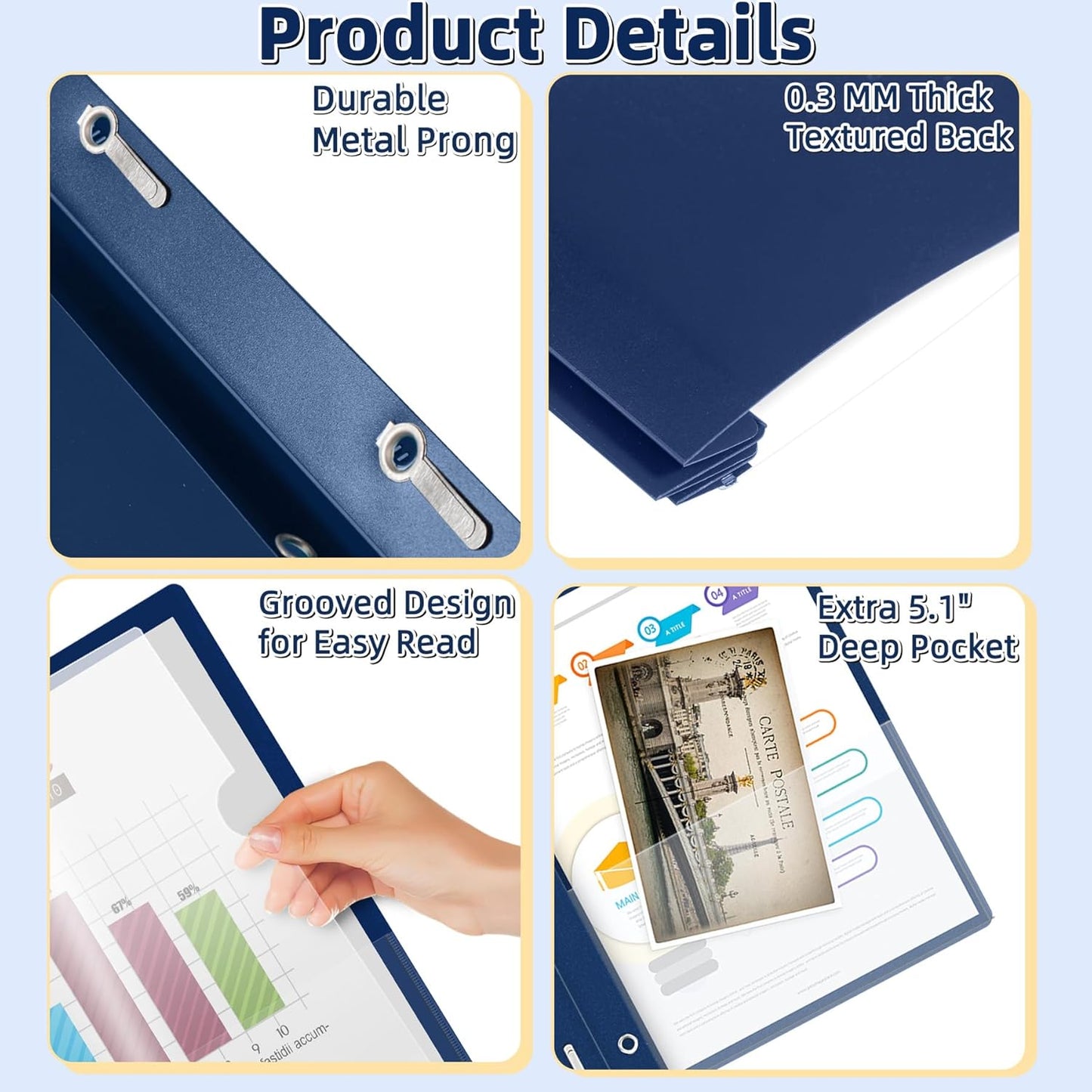 HAUTOCO 30 Pack Plastic Report Covers with 3-Prong Fasteners Clear Front Presentation Folders Resume Folders for 8.5x11 Letter Size Paper, Document Report Cover for School Office Business, Navy Blue