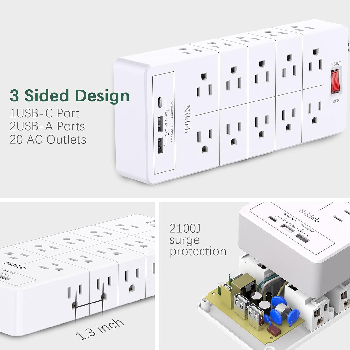 Power Strip Surge Protector 23 in 1, 6ft Extension Cord with 3 USB Ports Smart 3.1A, Multiple Outlet Adapter 20 Outlets, Outlet Extender Cord Organizer for Office, College, Apartment, Gaming Stuff