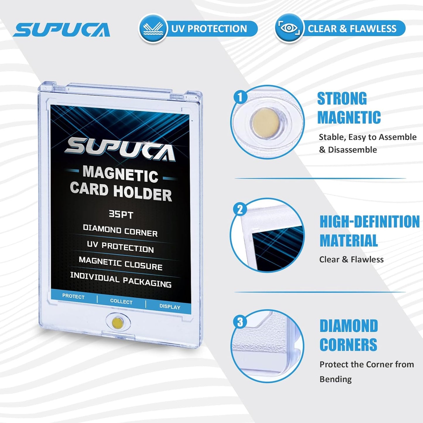 25ct Magnetic Card Holder 35PT, One Touch Protector for Trading Cards, Hard Plastic Sleeves Display Case for Baseball and Sports Cards