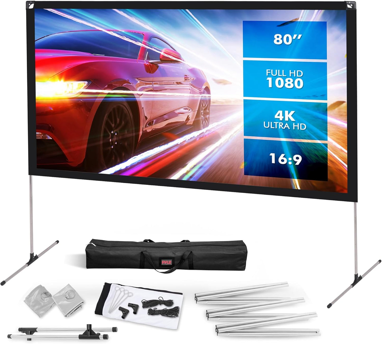 Pyle Projector Screen with Stand - 80'' 16:9 HD 4K Portable Lightweight Freestanding Foldable Indoor Outdoor Movie Projection Display with Frame for Home Theater
