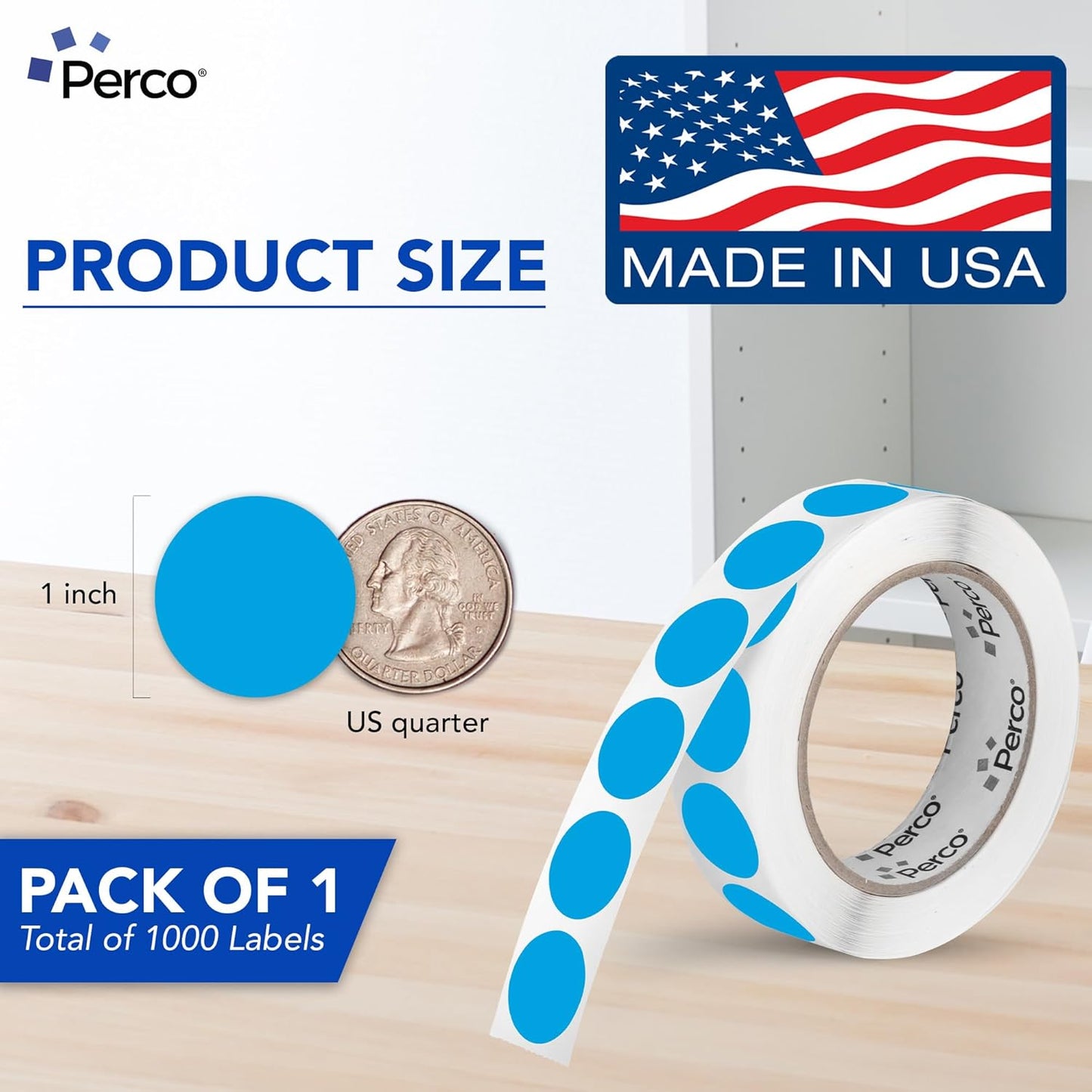 Perco Light Blue 1-Inch Round Circle Dot Sticker Labels with Easy Peel Perforation - 1,000 Labels per Roll - Strong Adhesion, Vibrant Colors for Organizing, Crafting & More - Made in USA