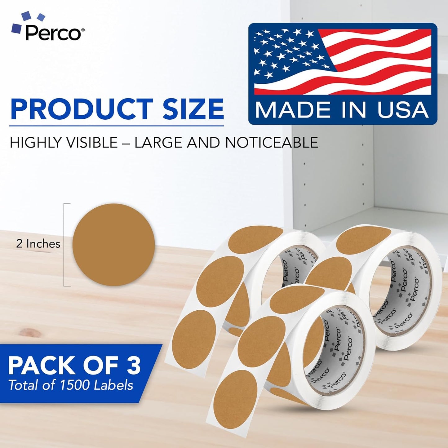 Perco Kraft Brown 2-Inch Round Circle Dot Sticker Labels - Multi-Roll Pack (3 Rolls, 500 Labels Each) - Permanent Adhesive, Natural, Cardboard-Like Surface - Perforated for Easy Use - Made in USA