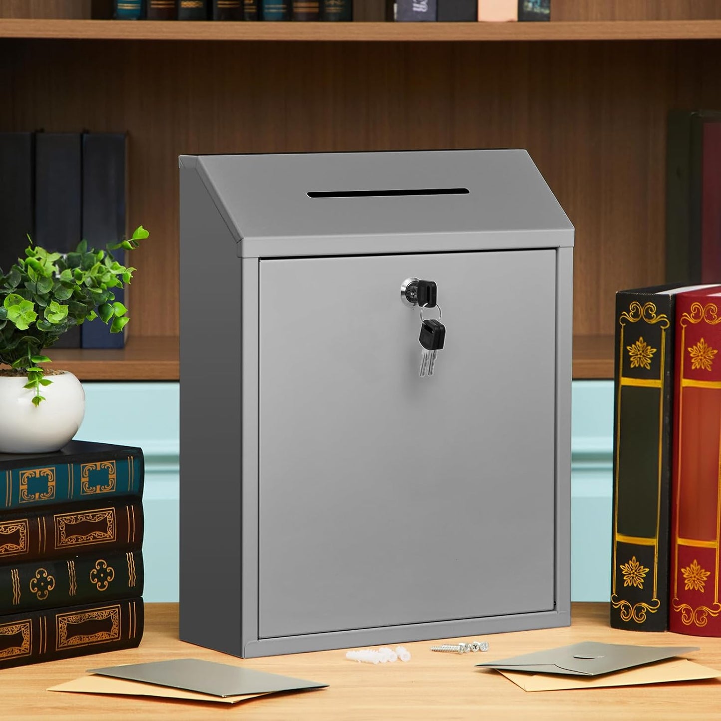 Metal Donation Cash Box Collection Safe Suggestion Box with Lock Wall Mounted Mailbox Delivery Ballot Container for Home Office Outdoor Door(Grey,15 x 12 x 4 Inch)