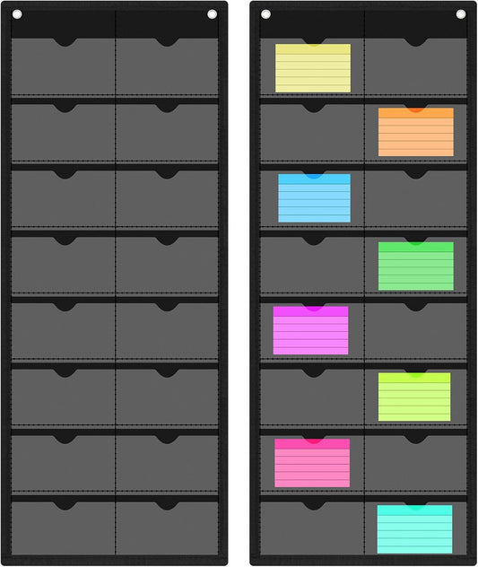 2 Pack 3'' x 5'' Index Card Holder Sleeve 16 Slot Plastic Organizer Hanging Wall Mount Business Note Cardholder PVC Clear Organizer Pocket for Classroom Office Library Home (Black)