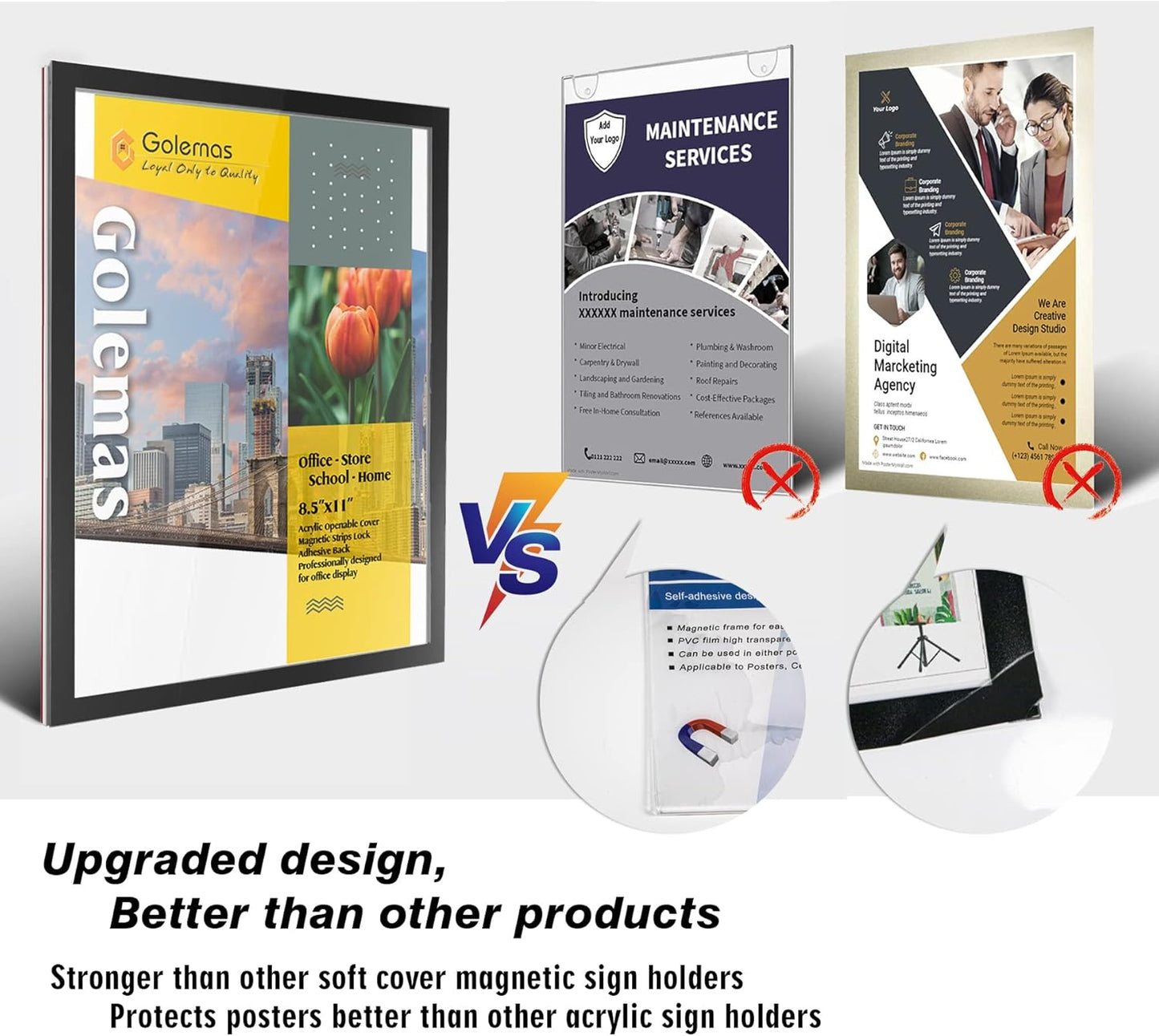 Acrylic Magnetic Sign Holder, Easy-Opening 8.5 x 11 Wall Mount Display Frames, Self Adhesive Back Plastic Clear Document Frame, Horizontal & Vertical Display (Black, 3Pack)