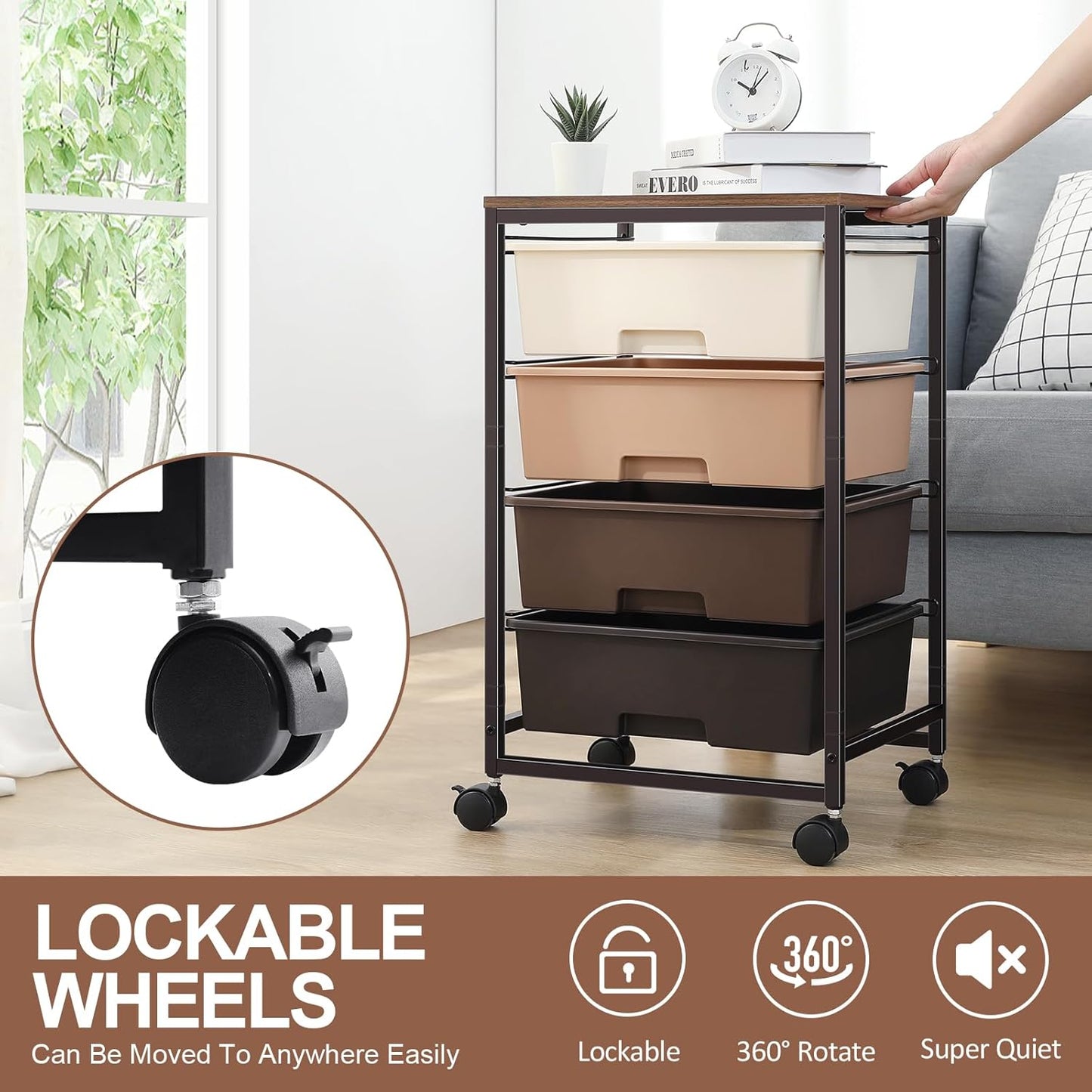 Utility Cart with 4 Drawers,Rolling Storage Cart with Drawers,Storage Rolling Drawer Cart,Brown