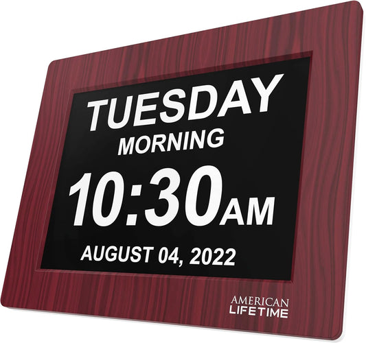 American Lifetime, Upgraded Version, Day Clock Extra Large Impaired Vision Digital Clock with Battery Backup and 5 Alarm Options, Premium Mahogany Color, 8 inch