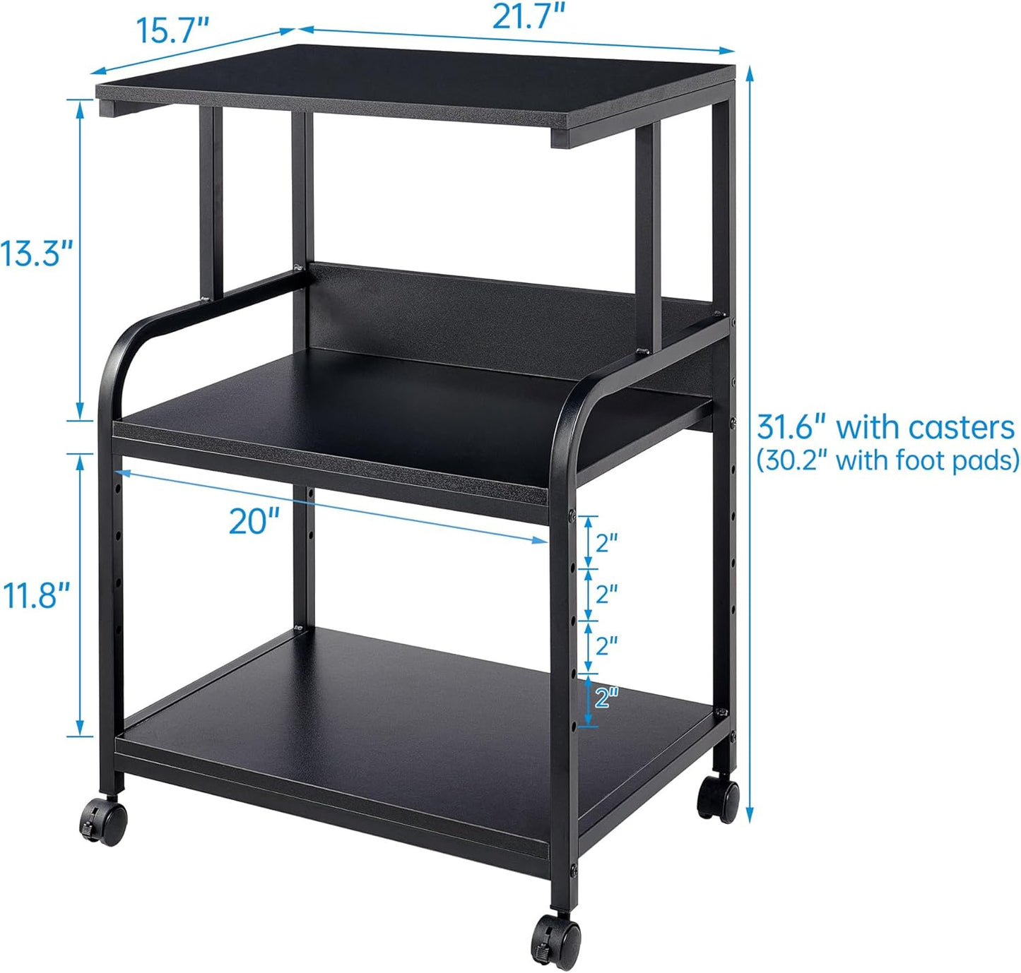 Printer Stand, 3 Tier Printer Table with Height Adjustable Storage Shelf, Rolling Printer Cart with Wheels for Home Office Organization, Black