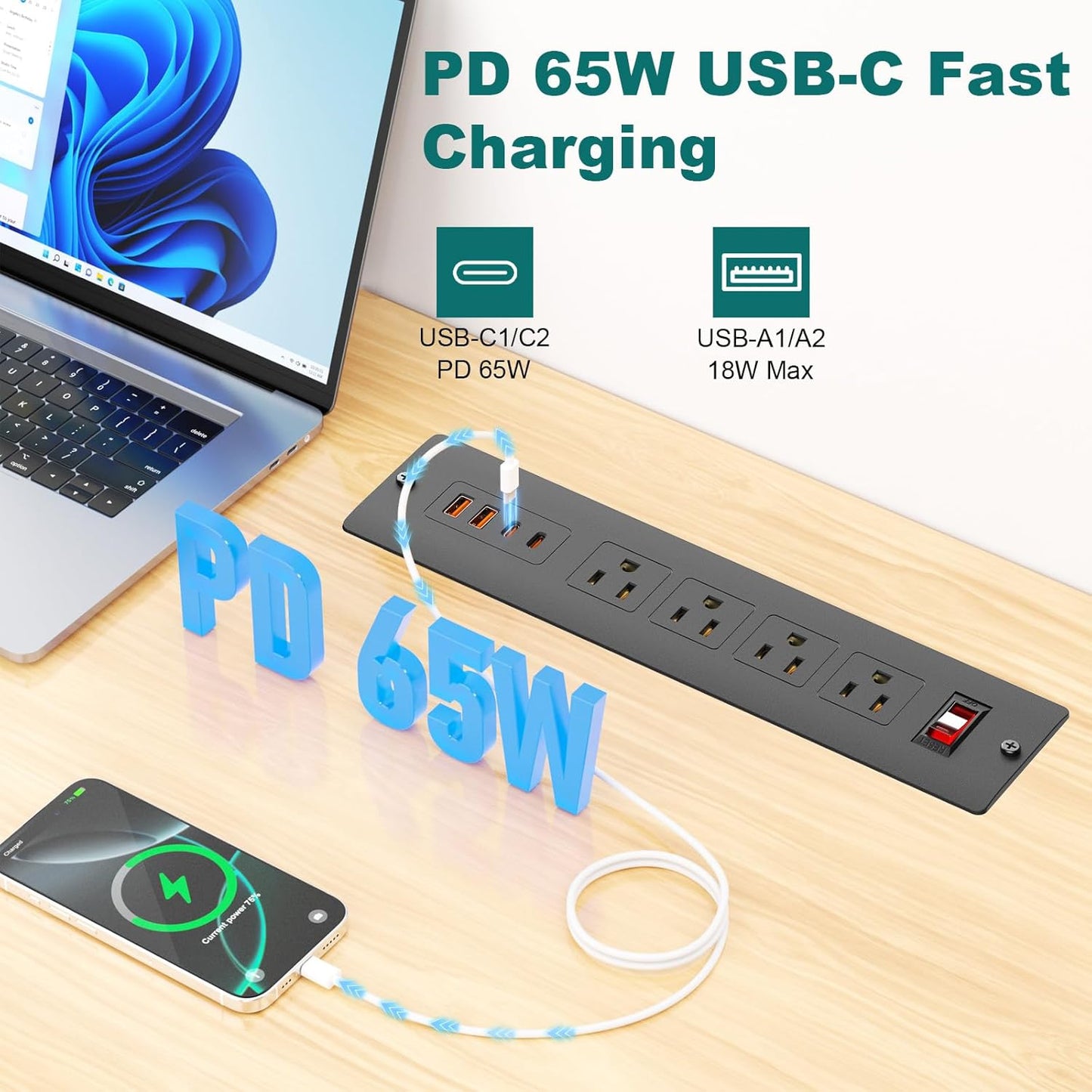 QBA Recessed Power Strip with USB-C 65W, 4 Outlets 2 USB-C & 2 USB-A Ports, Mountable Desk Outlet for Conference Furniture, 45° Angled Flat Plug 6FT Cord, Black