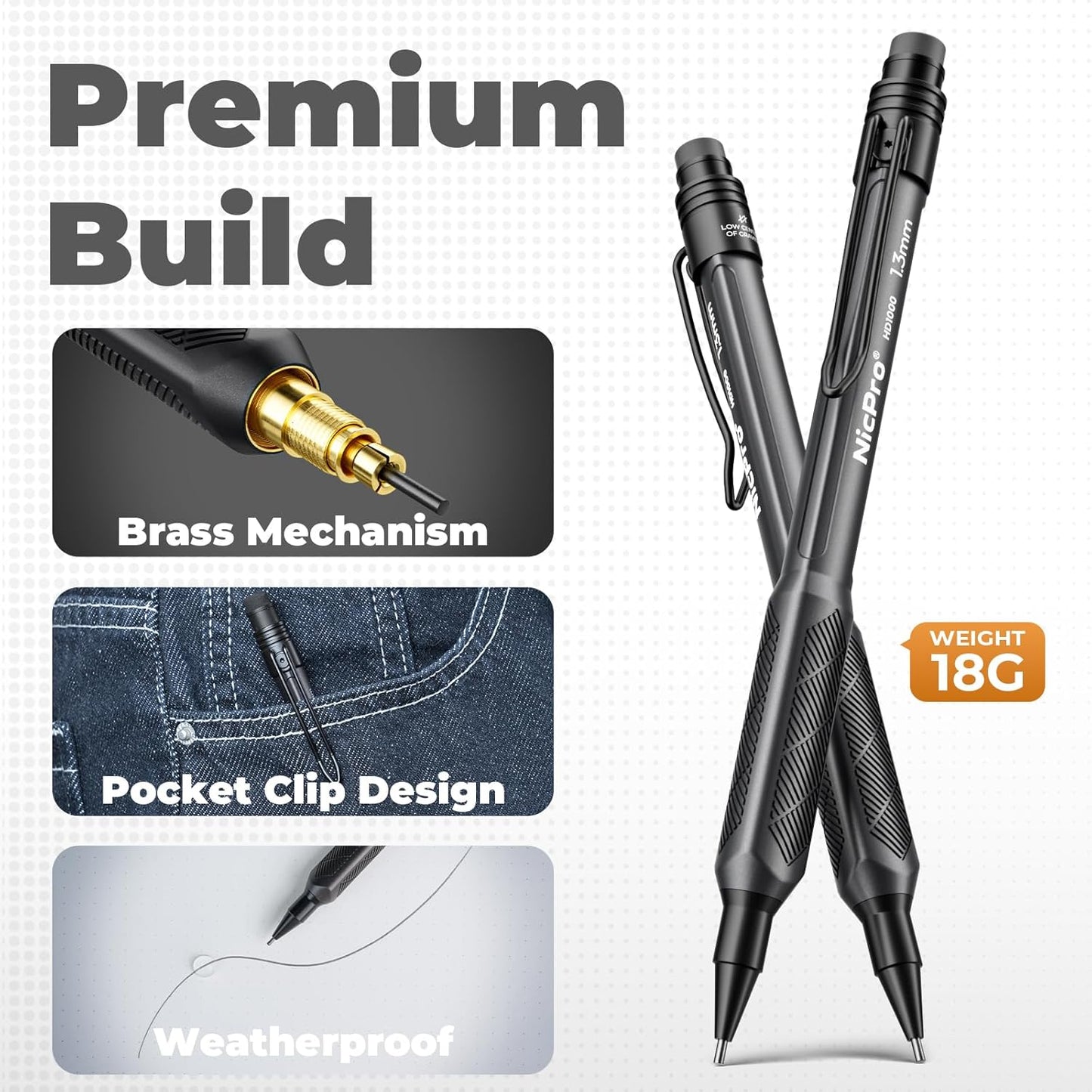 Nicpro 1.3mm Weatherproof Mechanical Pencil Set, HD1000 Metal Mechanical Pencils Heavy Duty Pencil for Outdoor All Weather Marking Drafting Drawing with 25 Lead Refills, Erasers, Case (Black)