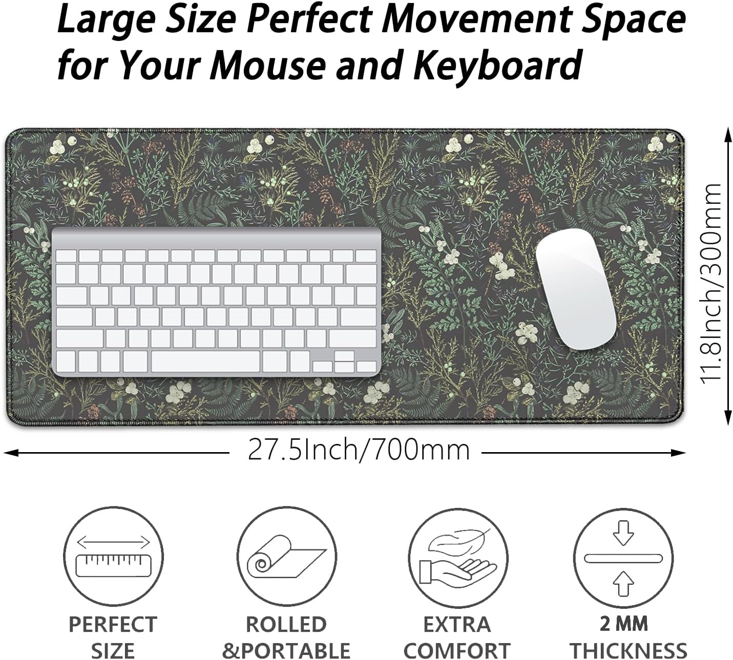 Dark Green Plant Desk Pad Mouse Pad,Vintage Green Fern Leaves Mouse Mat with Stitched Edges,Non-Slip Rubber Base Mousepad for Office PC Keyboard Laptop and Home Work Desk Mat(27.5X11.8 in)