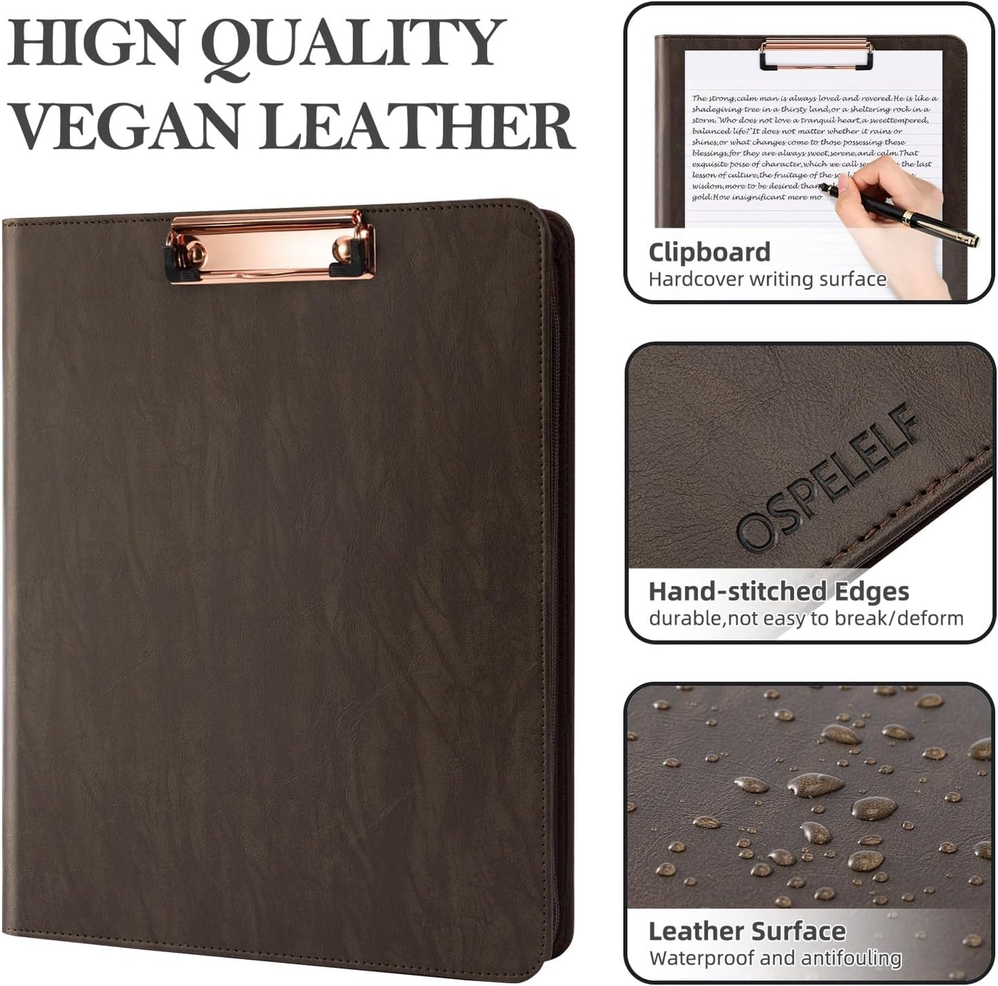 Ospelelf Zippered Portfolio Binder, Leather Clipboard Folder with Storage, 3 Ring Binder 1 Inch, 12.1” Tablet Sleeve, 5 Dividers with Pocket, Refillable Notepad, Card Slot (Brown)