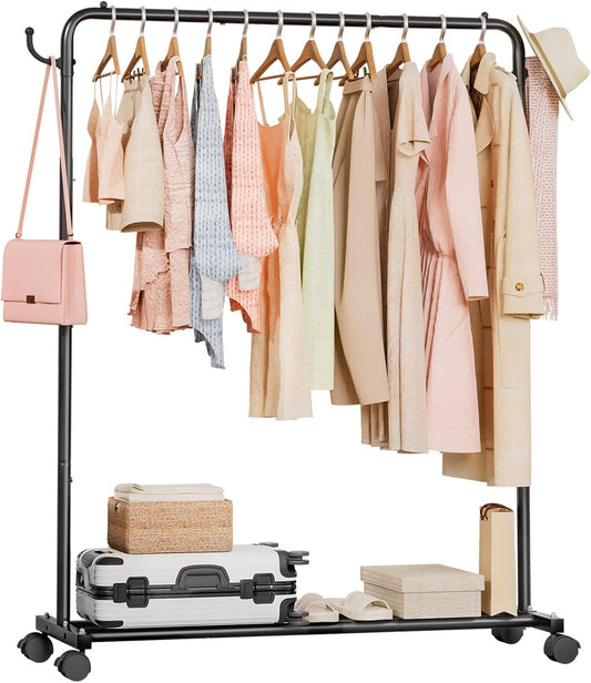Homde Heavy Duty Clothes Rack: 120lb Standing Garment Storage for Indoor - Rolling Hanging Rod for Bedroom Laundry Room - Coat Dress Organizer on Wheels with luggage shelf (Black，46")