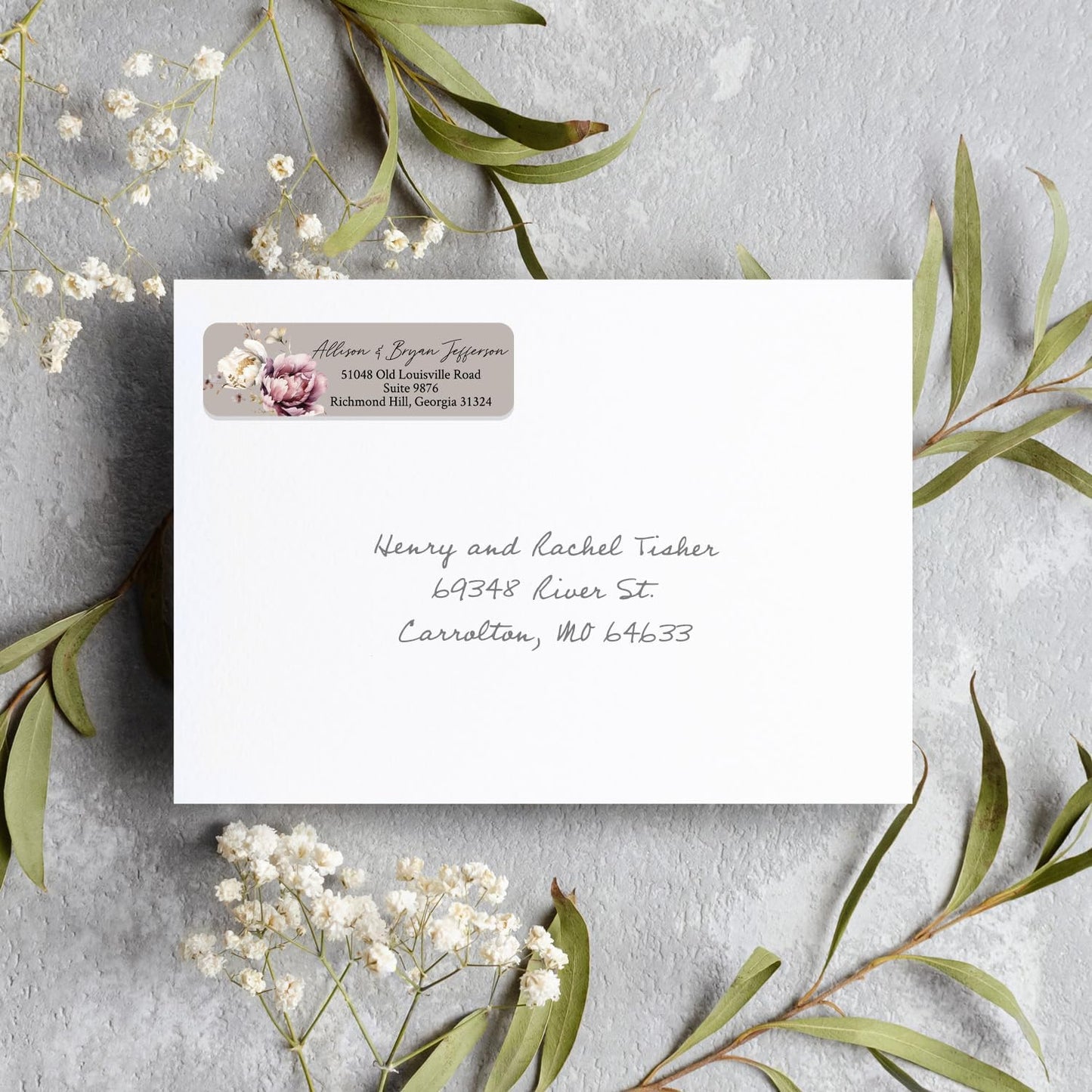 Taupe Watercolor Floral Rolled Address Labels / 250 Personalized Return Address Labels/Designer Address Stickers in Elegant Plastic Dispenser