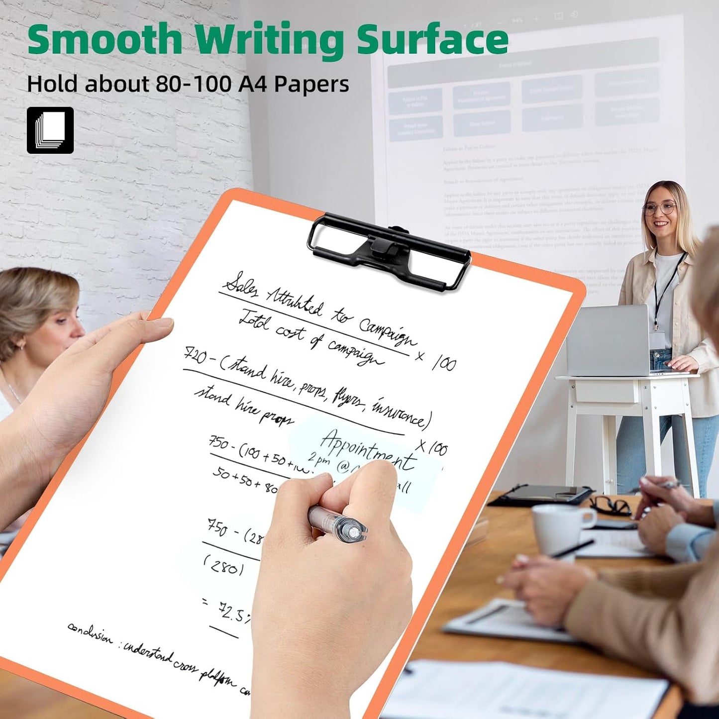 Orange Clipboard with Pen Holder, 2 Pack Plastic Clipboard with Low Profile Metal Clip, Hanging Clipboards Holds 8.5x11 Inch Papers, Standard A4 Letter Size Clip Board for Office & School