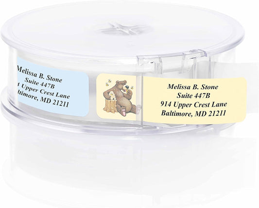 Bears Designer Assorted Rolled Address Labels with Elegant Plastic Dispenser
