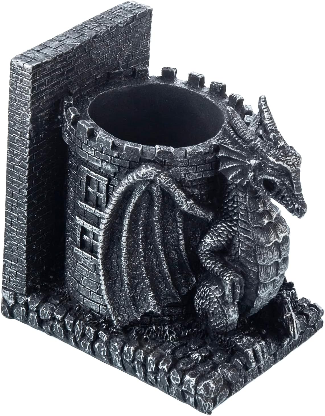 MyGift Gothic Black Resin Dragon Guarding Castle Pencil Cup Bookends, Office Desk Book Ends with Decorative Fantasy Dragons and Stone Tower Pen Holders, 1 Pair