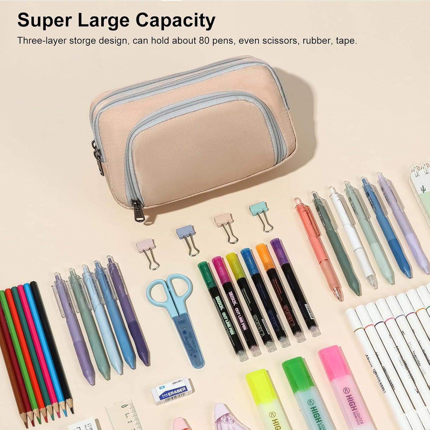 XQXA Pen Pouch Large Capacity Pencil Case Organizer, Multifunctional Pencil Pouch with 3 Compartmens, Big Pencil Bag for Office Travel Men Women Adult (01-Creamy Rice)