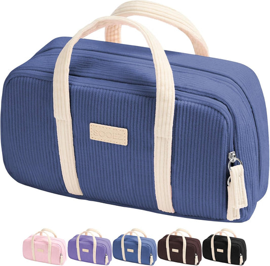Sooez Large Pencil Case Pouch, Extra Big Pencil Bag with 5 Compartments, Pen Case Wide Opening, Soft Corduroy Pen Bag Organizer with Zipper, Cute Aesthetic School Supplies for Teen Girls, Blue