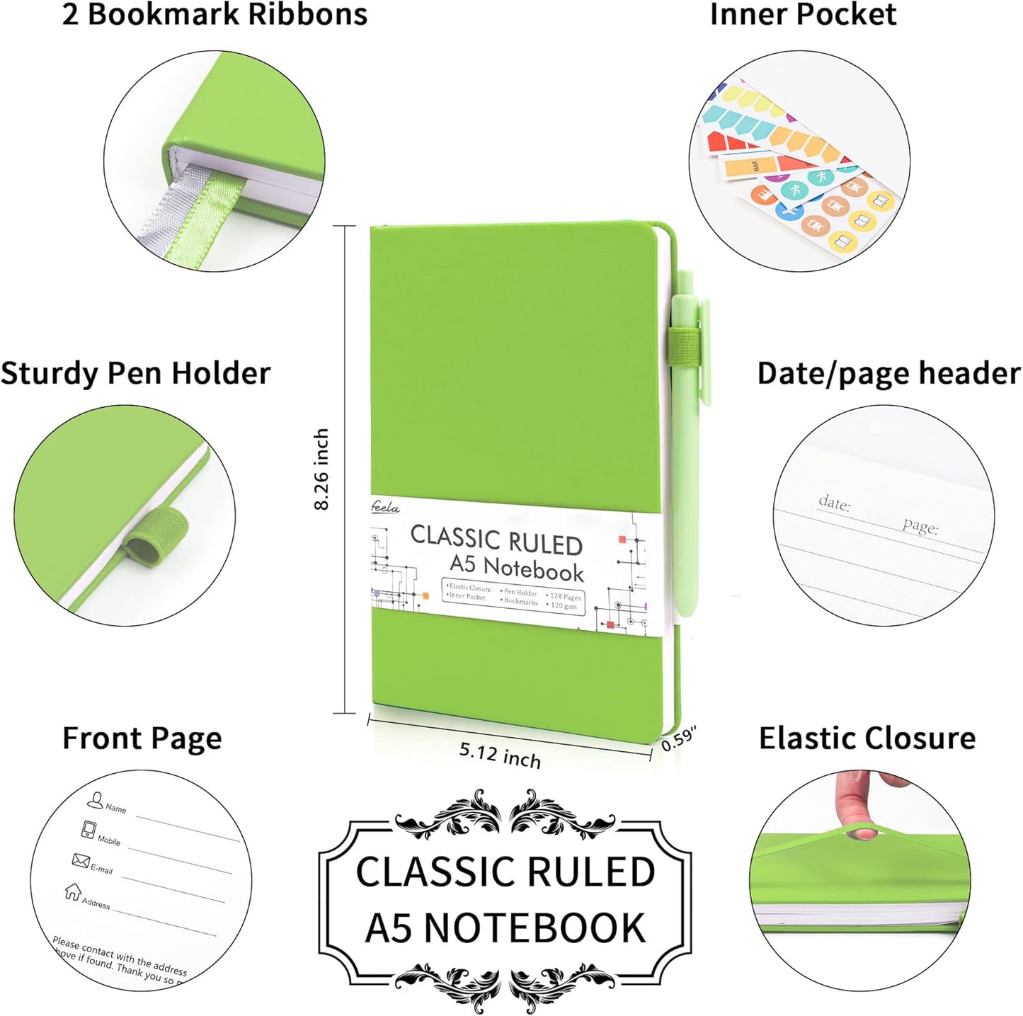 feela 12 Pack Notebooks Journals Bulk, Hardcover Notebook Classic Ruled Lined Journals with Pen Holder for Women Girls School Business Supplies, with 12 Black Pens, 120 GSM, 5.1”x8.3”, A5, Green