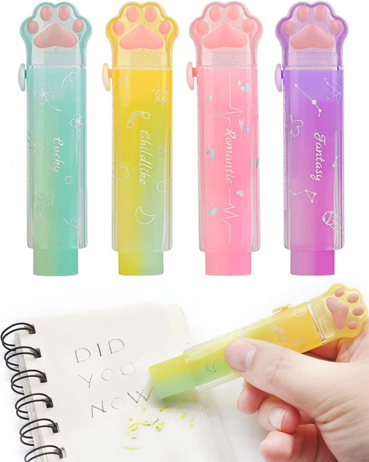 Benvo 4Pcs Sliding Retractable Pencil Erasers with Cat Paw Plastic Sleeve Cute Jelly Erasers for School Office Clean Erase Rubber(Gradient Color)