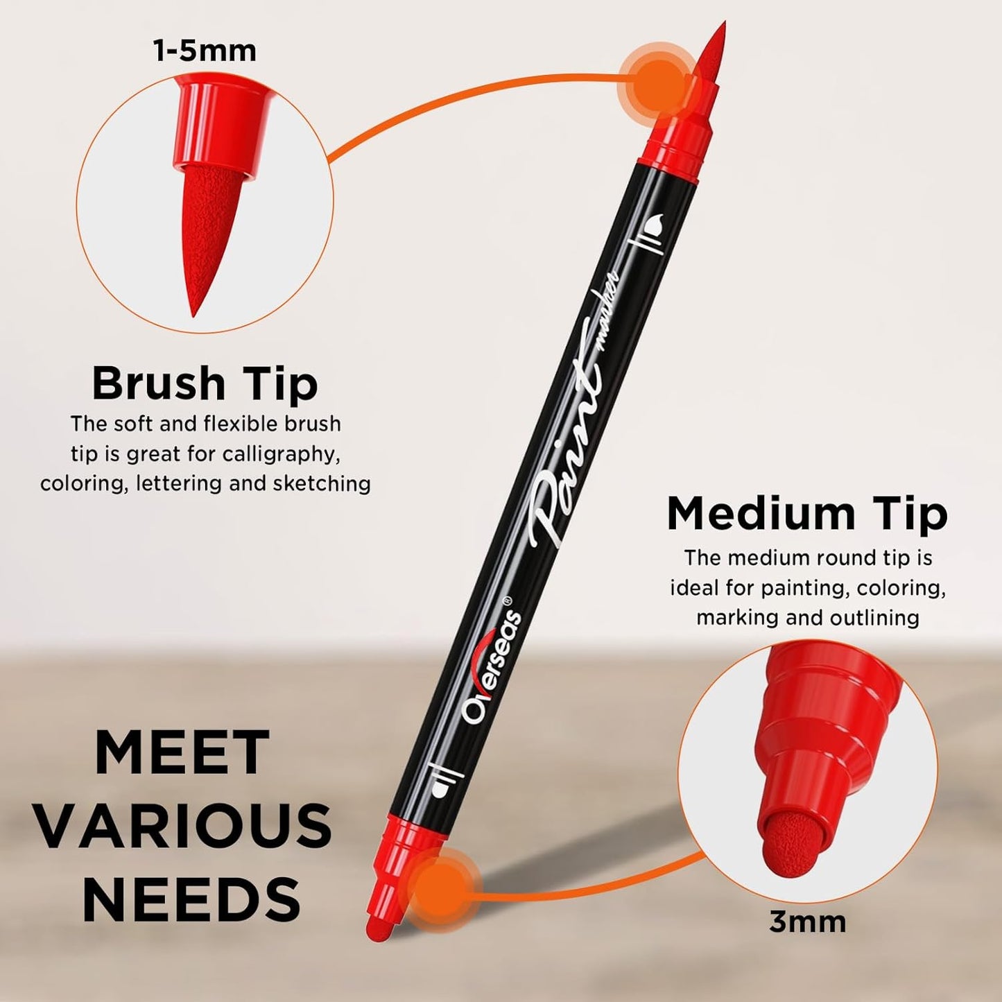 Overseas Black Acrylic Paint Markers, 2 Pack Dual Tip Paint Pens Acrylic Markers with Dot and Brush Tip, Coloring Marker for Wood, Rock, Canvas, Glass, Metal, Ceramic, Plastic, Fabric, School Supplies