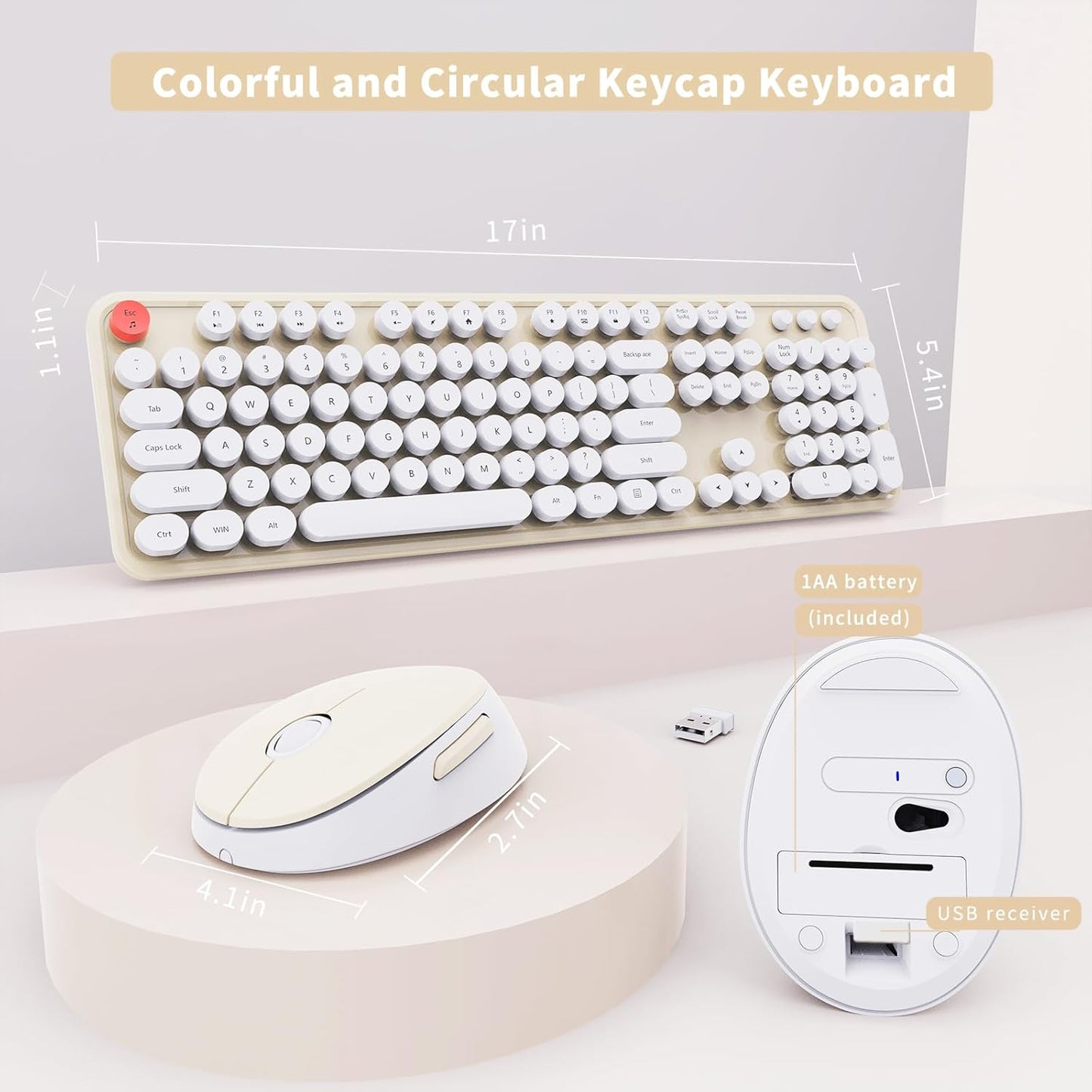 Wireless Keyboard and Mouse Combo, Ergonomic Full Size Typewriter Retro Round Keycaps Keyboard, Compatible with Windows, PC, Perfer for Home and Office Keyboards (Beige