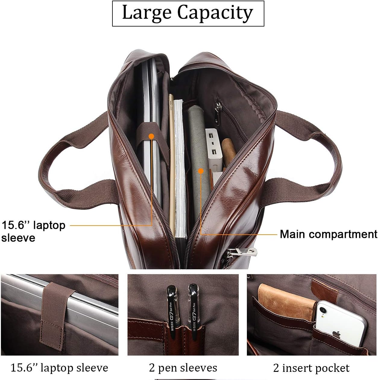Augus Leather Laptop Briefcase for Men,Waterproof Travel Messenger Duffle Bags 15.6 Inch Laptop Bag