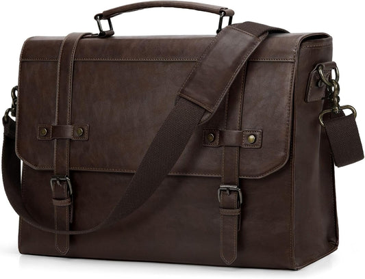 RAINSMORE Mens Messenger Bag 18 Inch Waterproof Vintage Leather Laptop Briefcase Large Laptop Bag Satchel Bag Computer Shoulder Bag for Office Business Travel College,Coffee
