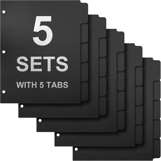3 Ring Binder Dividers with 5-Tabs for Letter Size, 1/5 Cut, 3-Hole Punched, Write & Erase Plastic Binder Dividers Extra Durable Section Index Dividers for Binders, Pack of 5 Sets, 25 Dividers Total