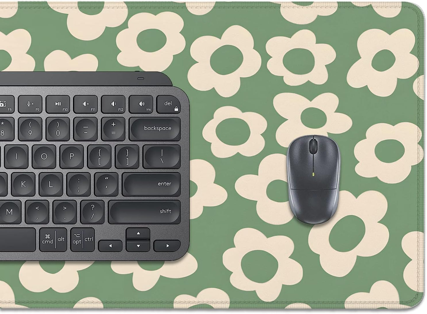 Green Daisy Flowers Desk Pad Mouse Pad,Large Daisies Floral Mouse Mat with Stitched Edges,Non-Slip Rubber Base Mousepad for Office PC Keyboard Laptop and Home Work Desk Mat(27.5X11.8 in)