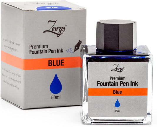 ZenZoi Fountain Pen Ink Bottle - Blue 50ml Bottle - Quick Drying, Smooth Writing, Rich Color - Glass Bottle - Ink for Fountain Pen Bottle (Blue)