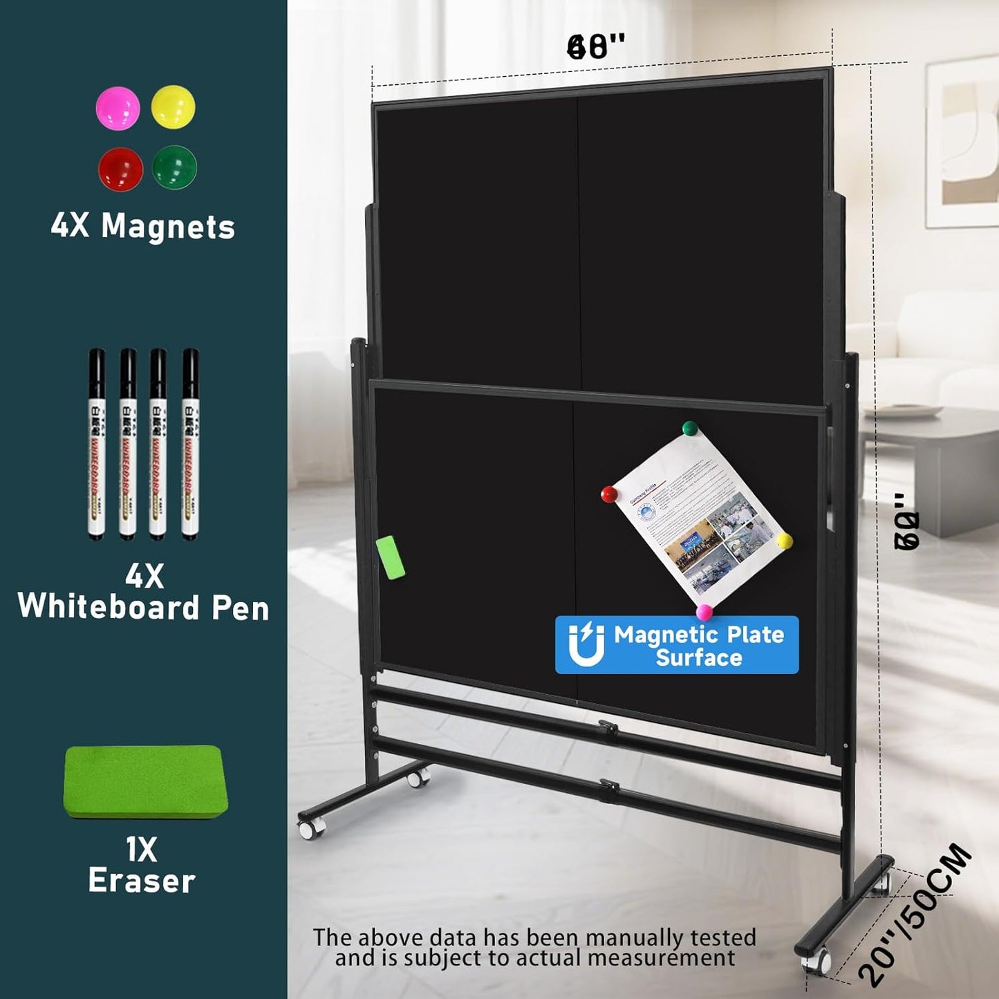 72x60 Inch Large Rolling Chalkboard | Height Adjustable Double-Sided Magnetic Blackboard on Wheels | for Classroom, Home & Office Use