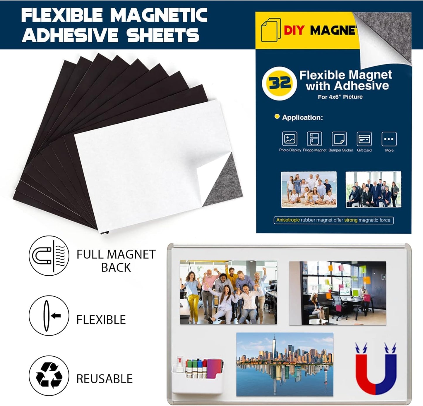 Magnetic Sheets with Adhesive Backing for 4x6 Pictures(Pack of 32),Adhesive Photo Magnets for Home/Classroom/Office,Magnets for Refrigerator